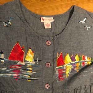 Vintage button-down dress w/ sailboat embroidery